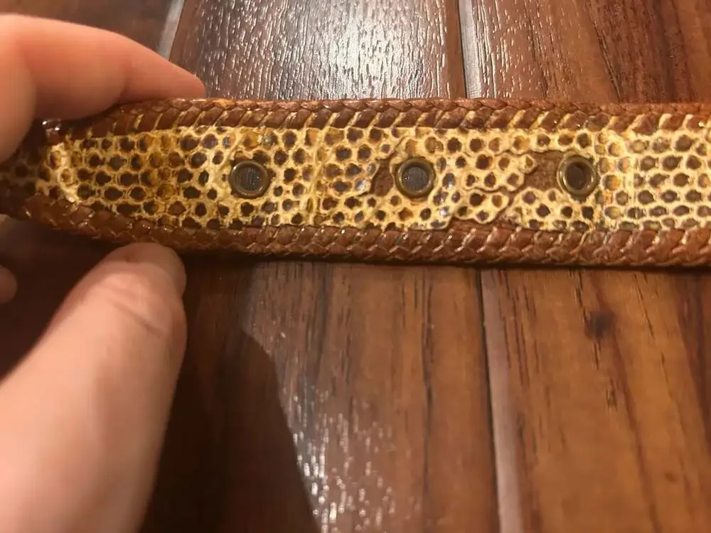 Vintage Snakeskin Pattern Woven Leather Belt with Mother of Pearl Style Buckle